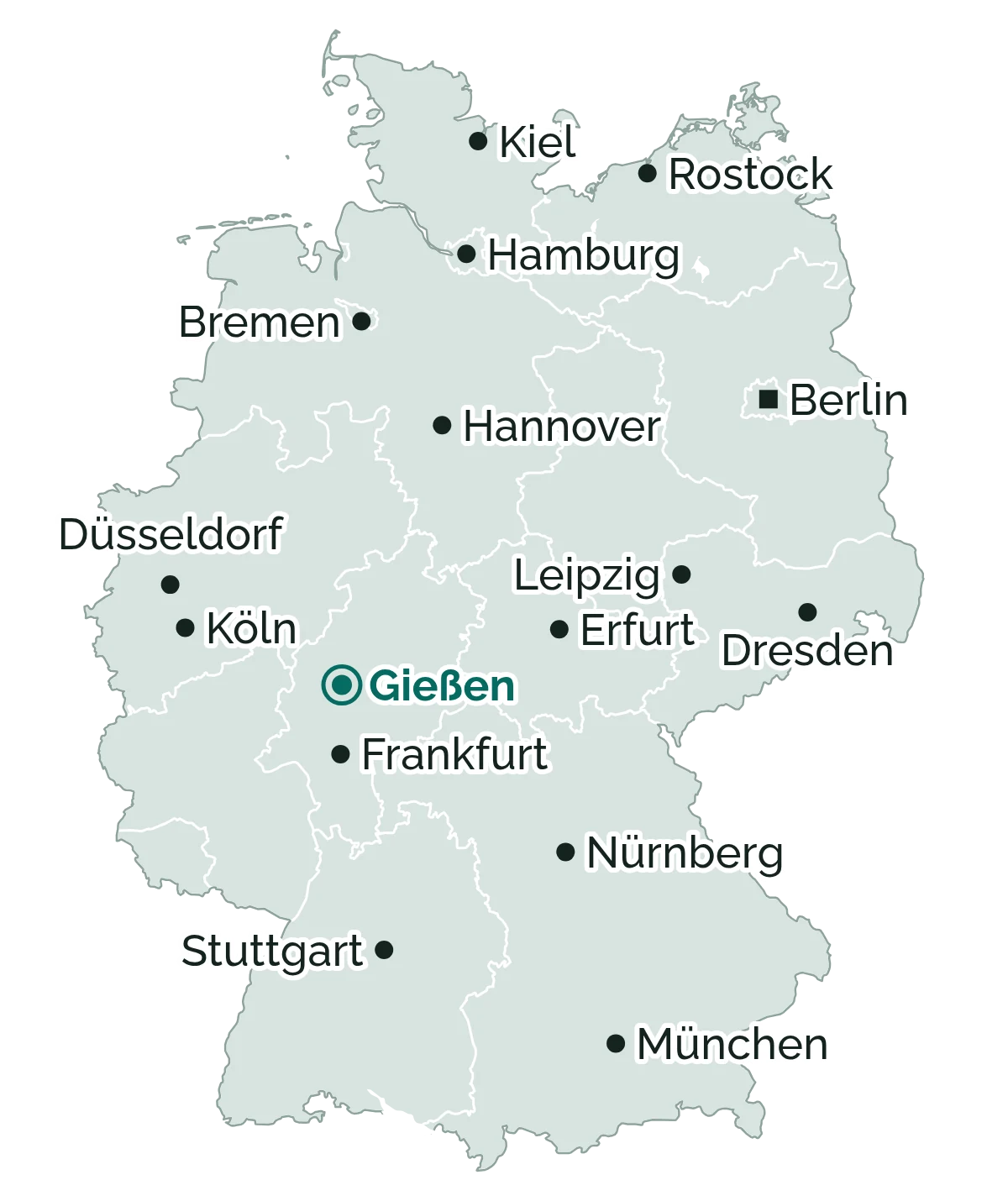 Karte von Deutschland mit den größeren Städten; hervorgehoben ist Gießen, der Sitz der Genossenschaft.